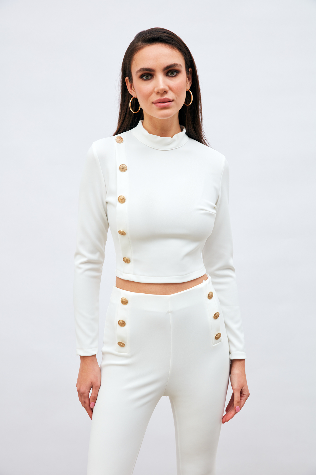 Düğme Detaylı Dik Yaka Bluz - EKRU