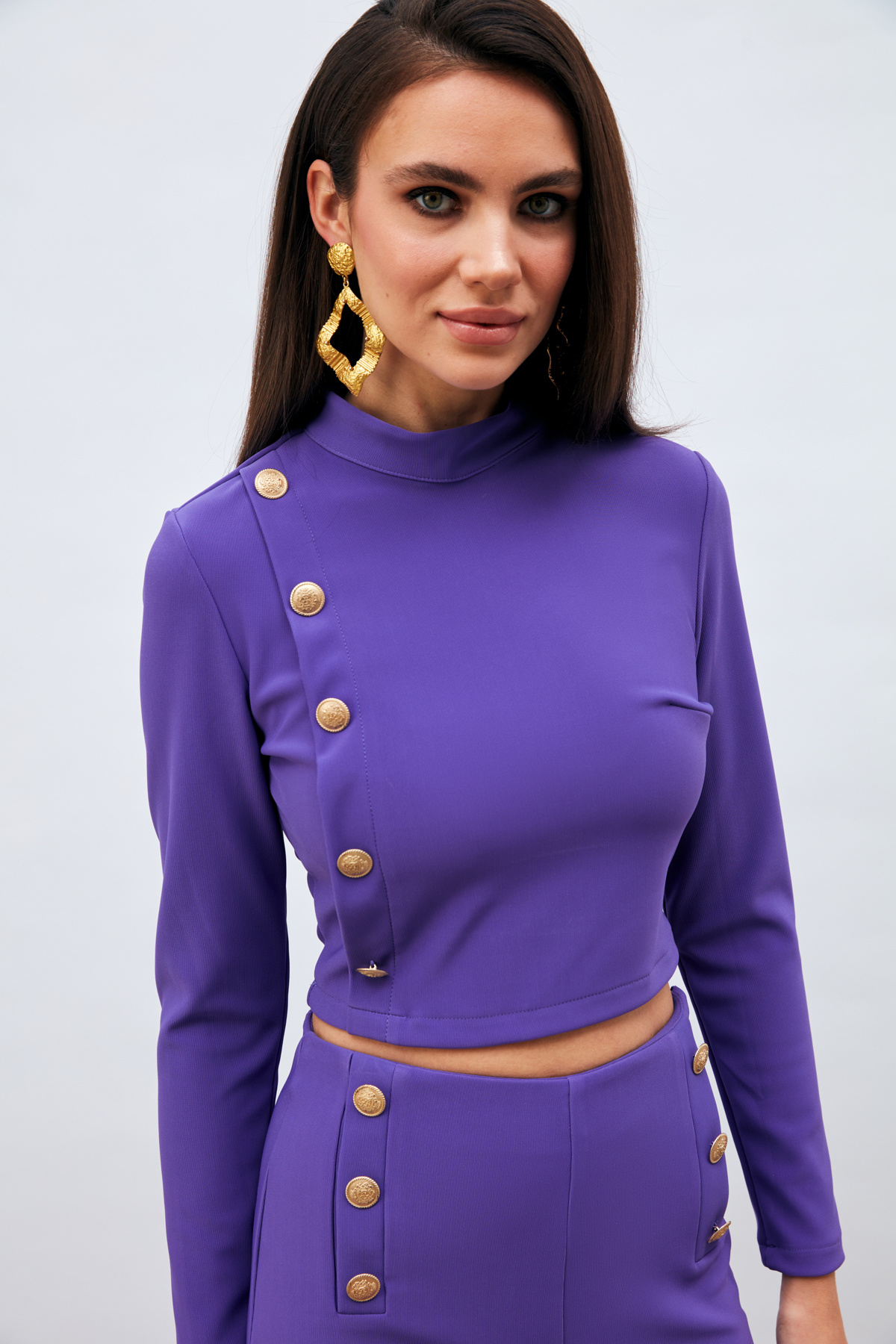 Düğme Detaylı Dik Yaka Bluz - MOR