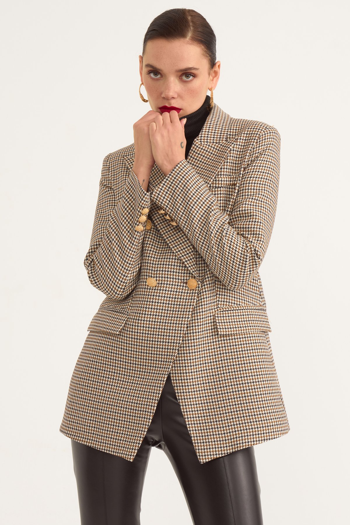 Button detailed plaid jacket - MINK-BLACK