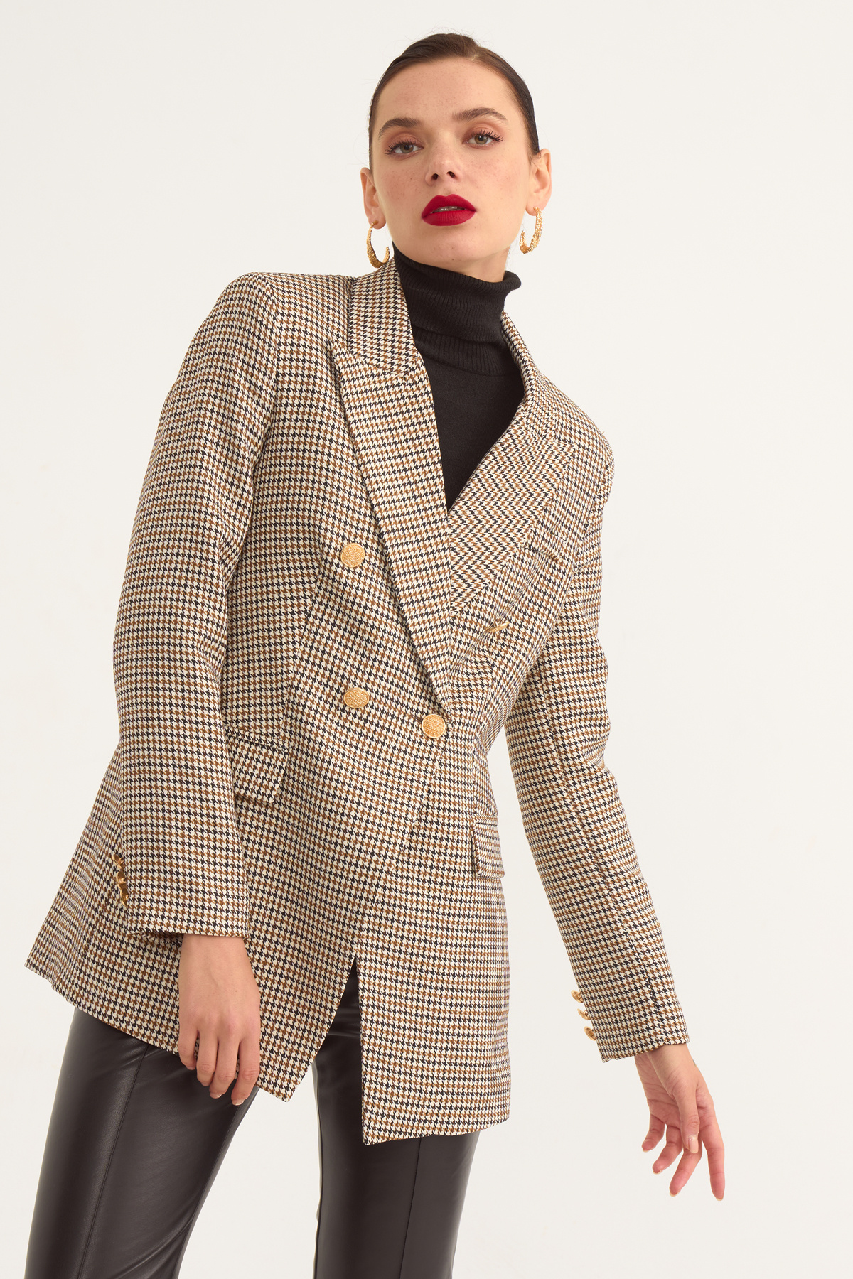 Button detailed plaid jacket - MINK-BLACK