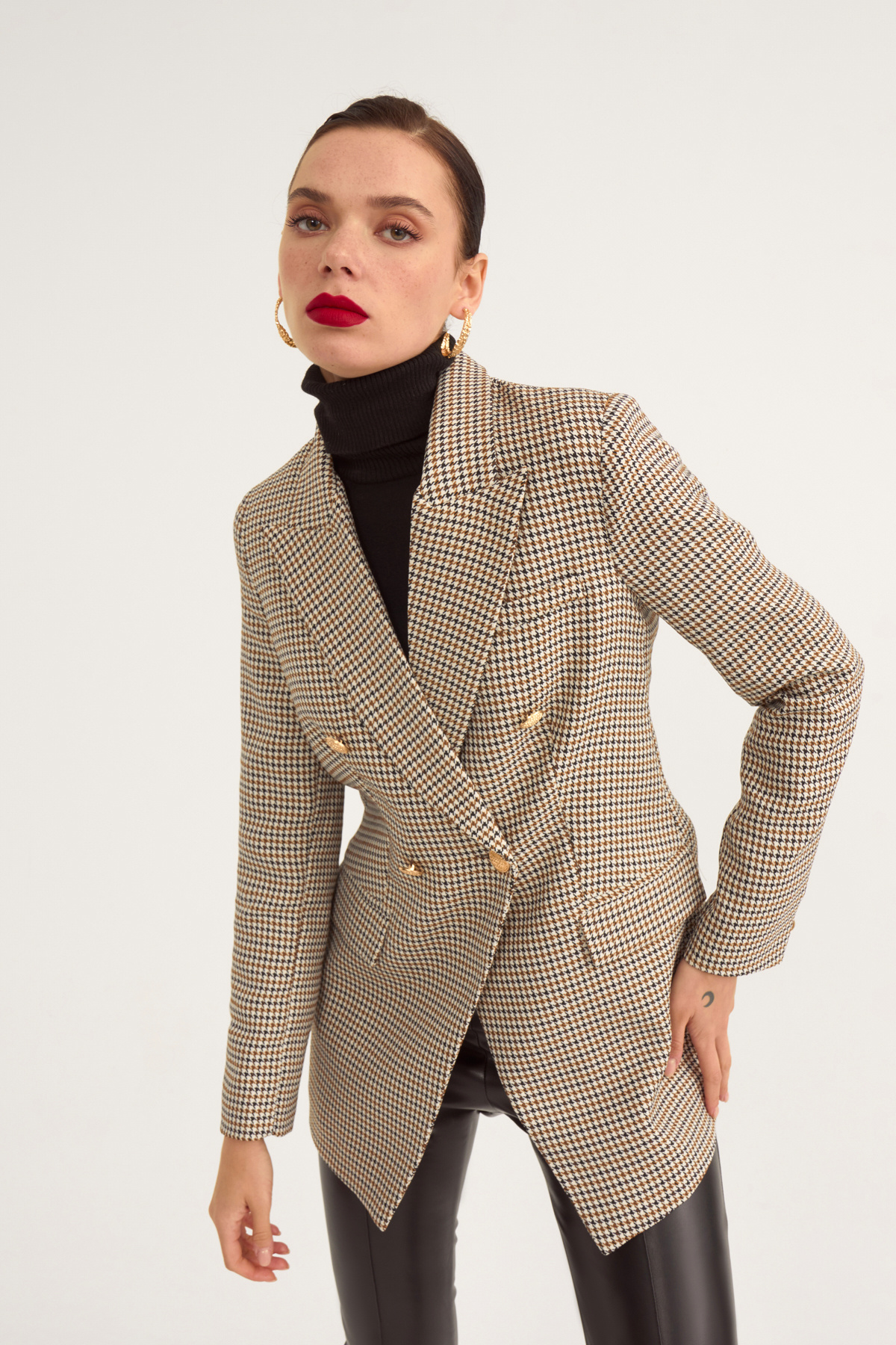 Button detailed plaid jacket - MINK-BLACK