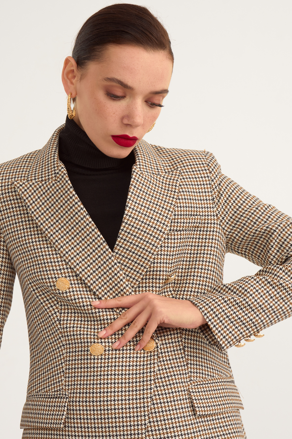 Button detailed plaid jacket - MINK-BLACK