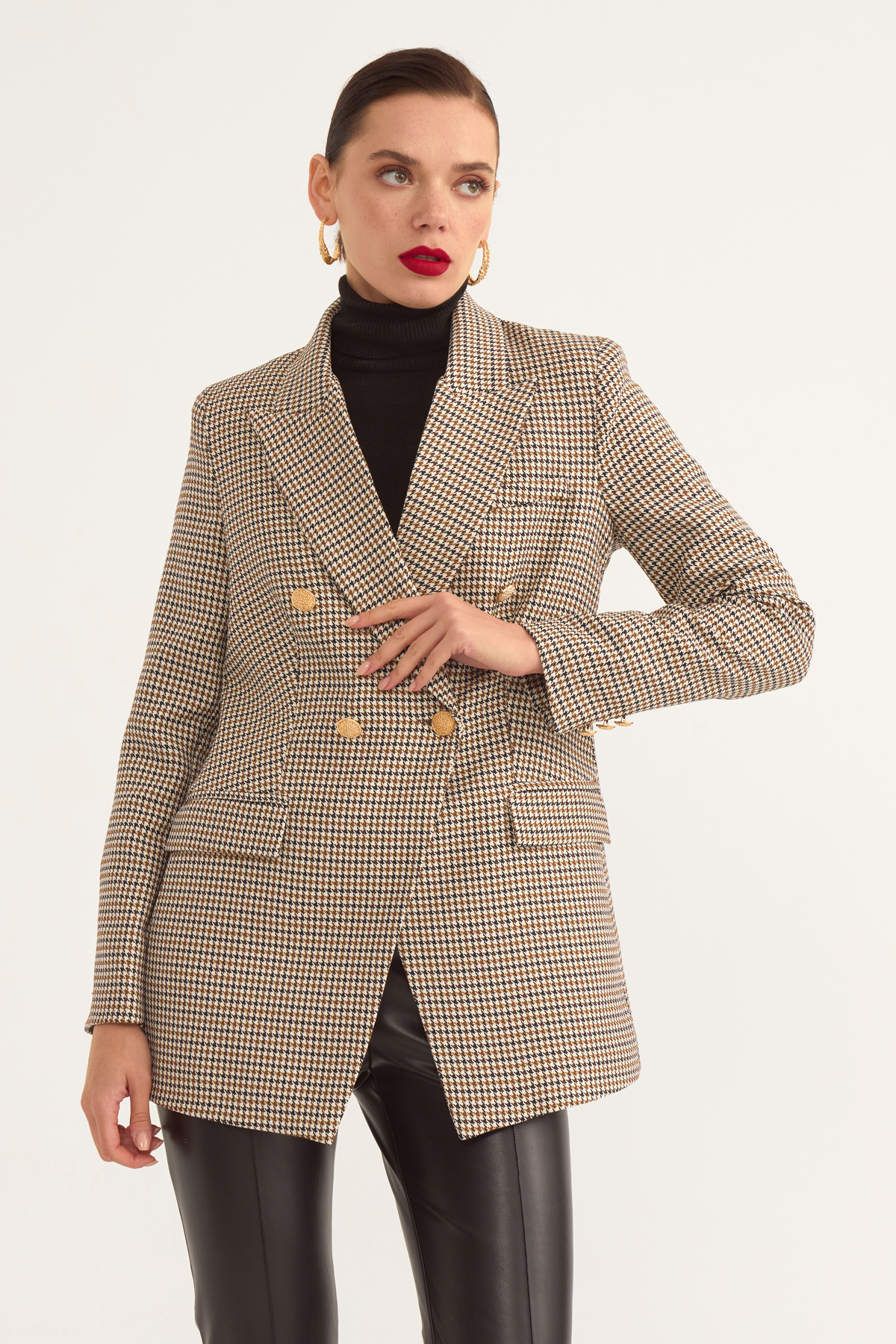 Button detailed plaid jacket - MINK-BLACK