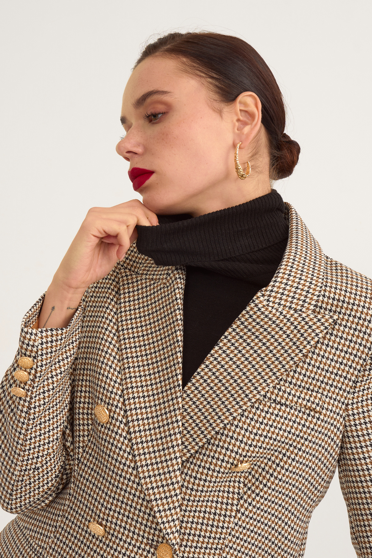 Button detailed plaid jacket - MINK-BLACK