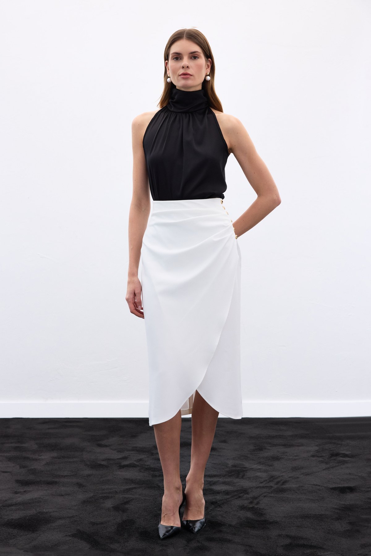 Düğme Detaylı Kalem Etek - Ekru