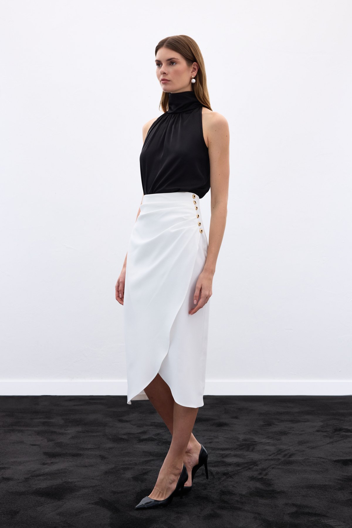 Düğme Detaylı Kalem Etek - Ekru