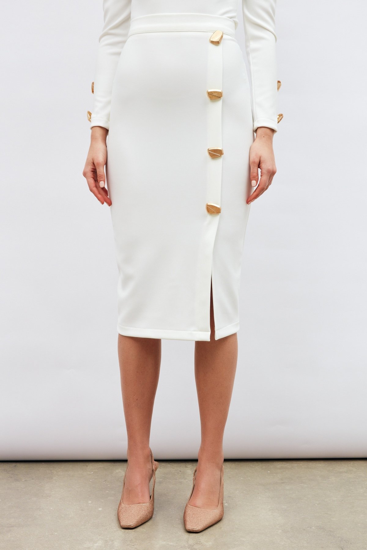 Düğme Detaylı Kalem Etek - EKRU