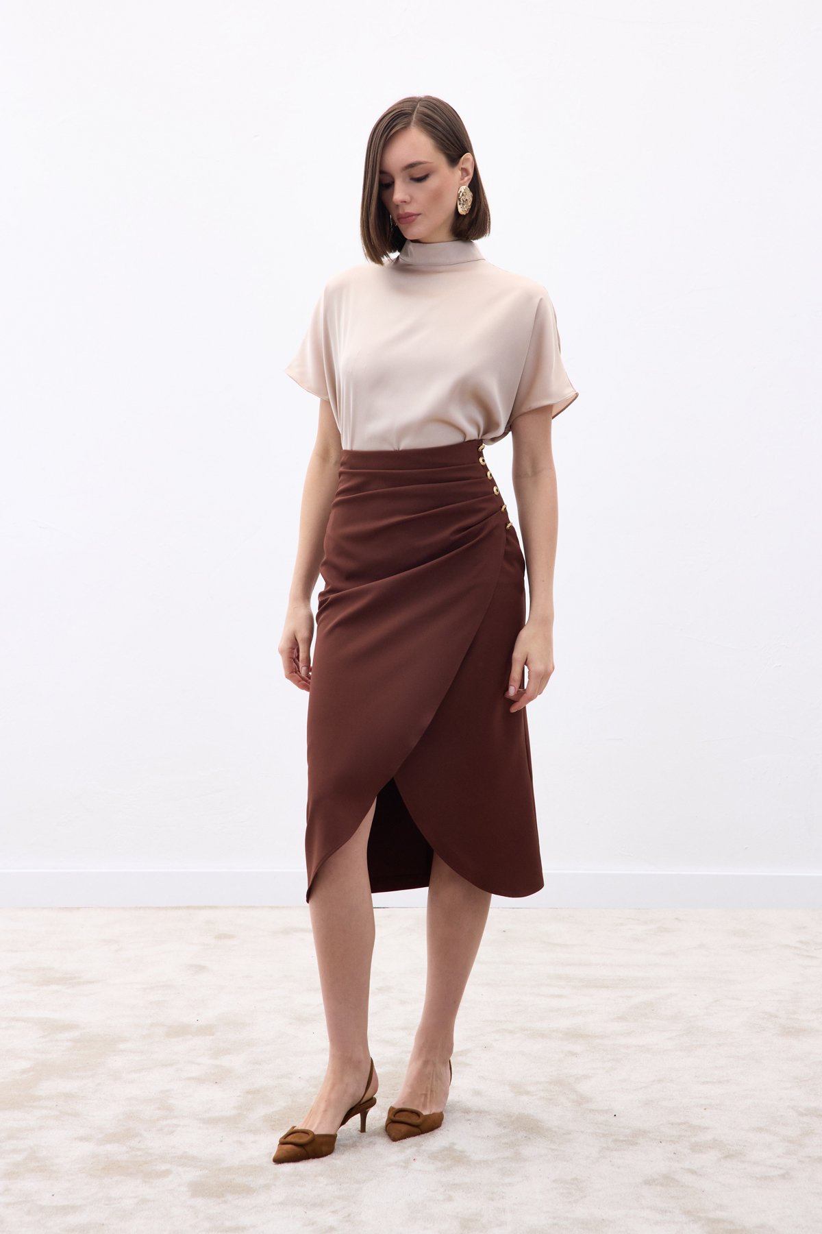 Düğme Detaylı Kalem Etek - Kahve