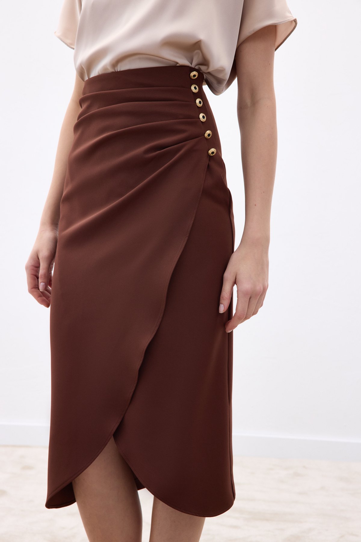 Düğme Detaylı Kalem Etek - Kahve