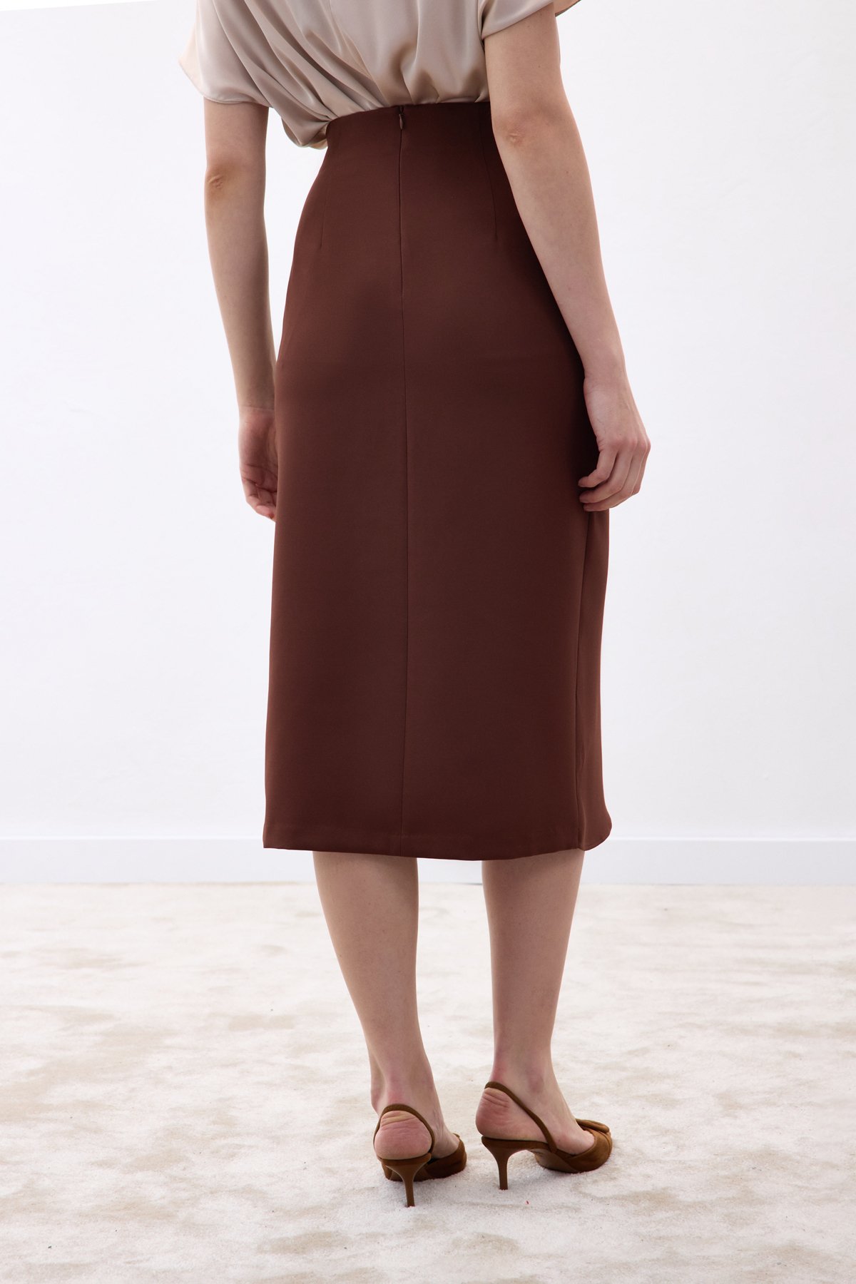 Düğme Detaylı Kalem Etek - Kahve