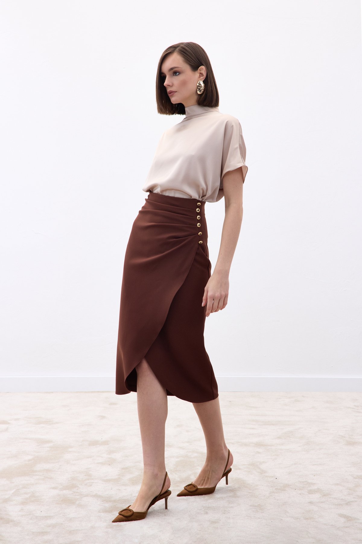 Düğme Detaylı Kalem Etek - Kahve