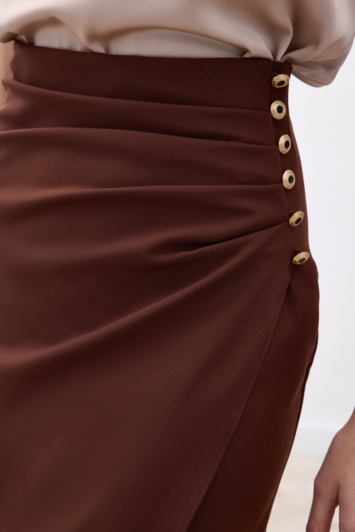 Düğme Detaylı Kalem Etek - Kahve