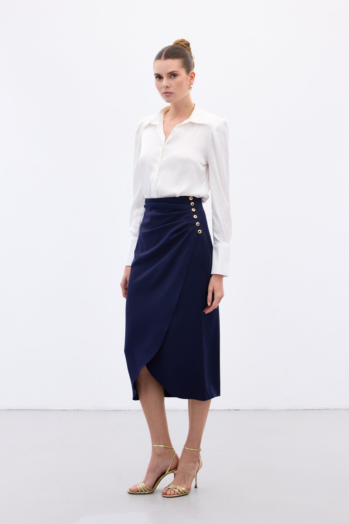 Düğme Detaylı Kalem Etek - Lacivert