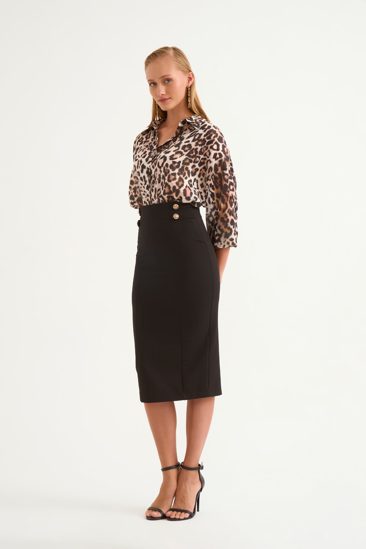 Düğme detaylı kalem etek - SİYAH