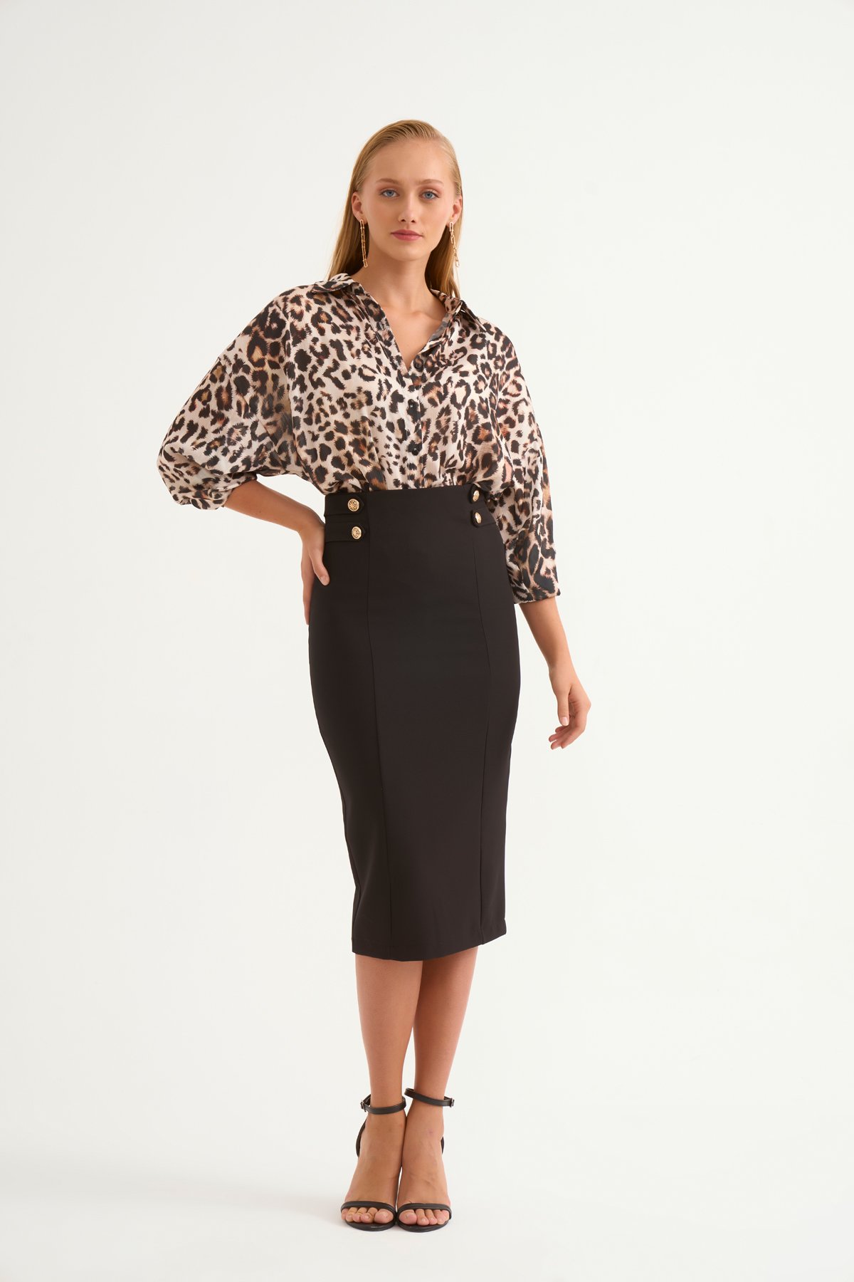 Düğme detaylı kalem etek - SİYAH