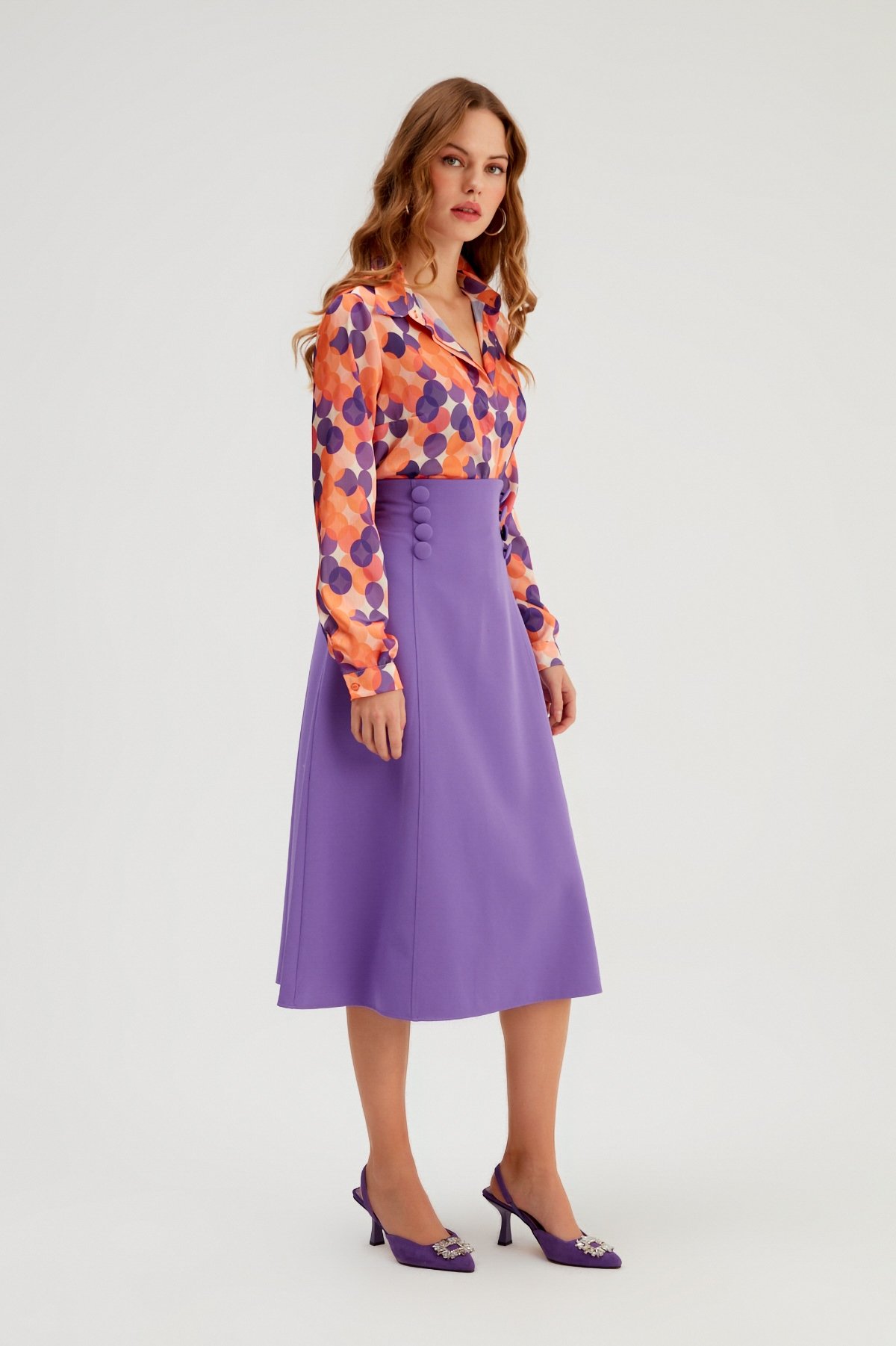 Düğme Detaylı Kloş Etek - AÇIK MOR