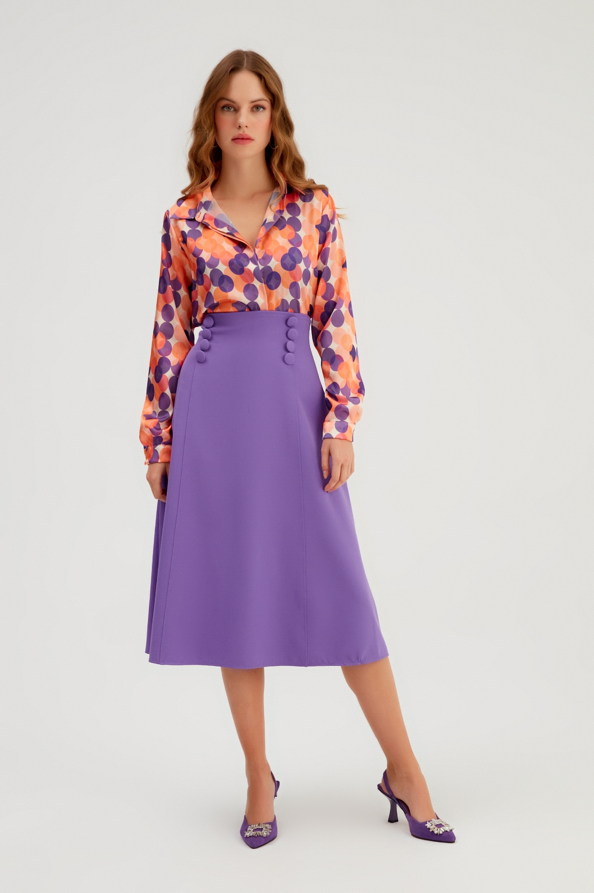 Düğme Detaylı Kloş Etek - AÇIK MOR