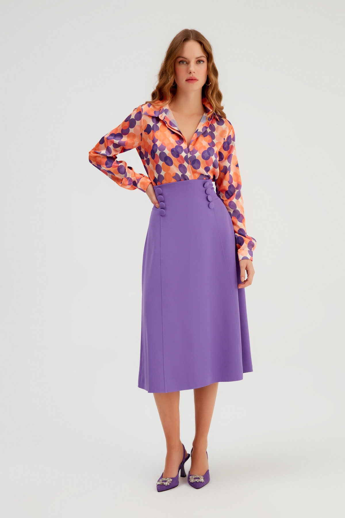 Düğme Detaylı Kloş Etek - AÇIK MOR