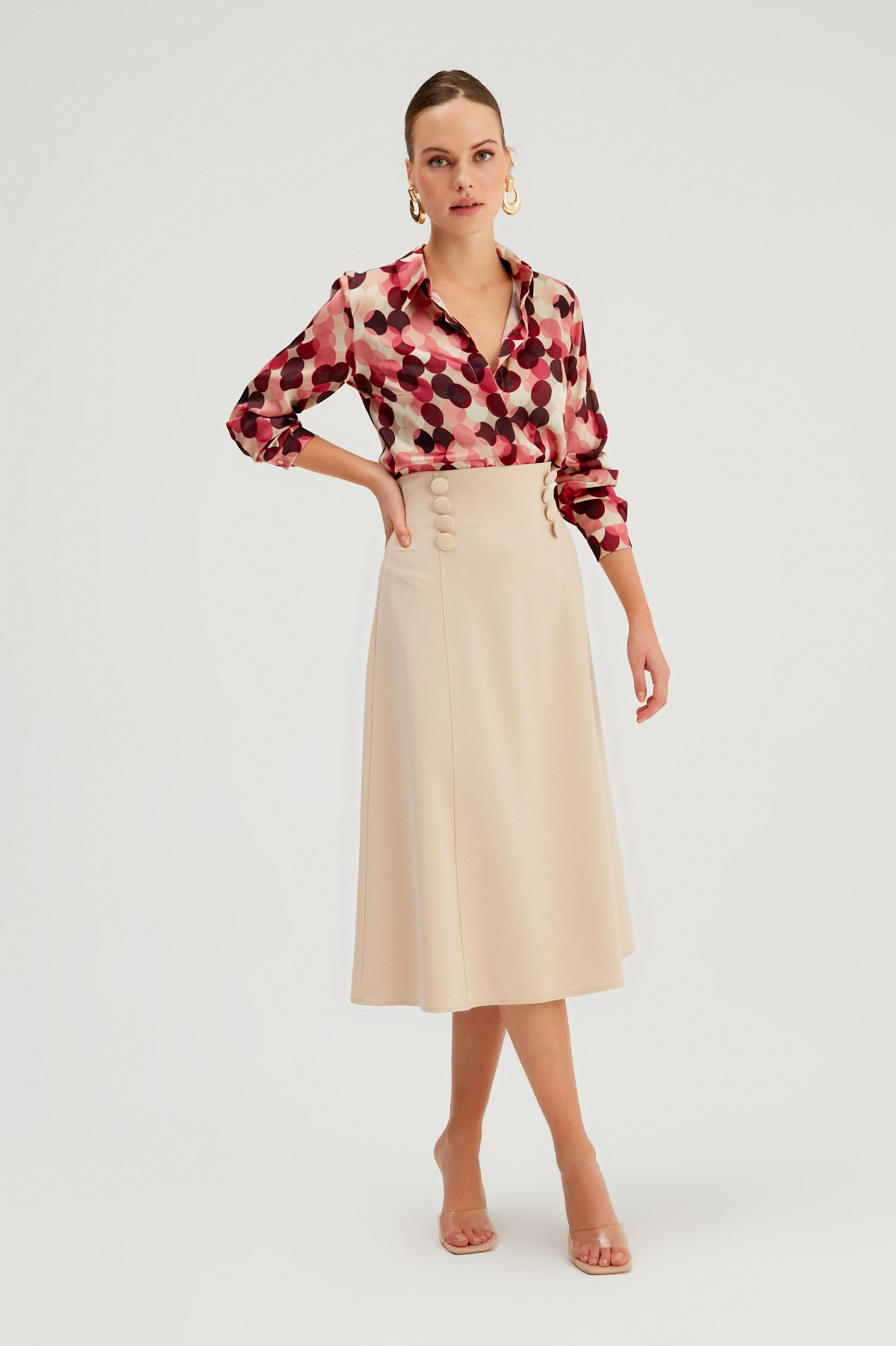 Düğme Detaylı Kloş Etek - BEJ