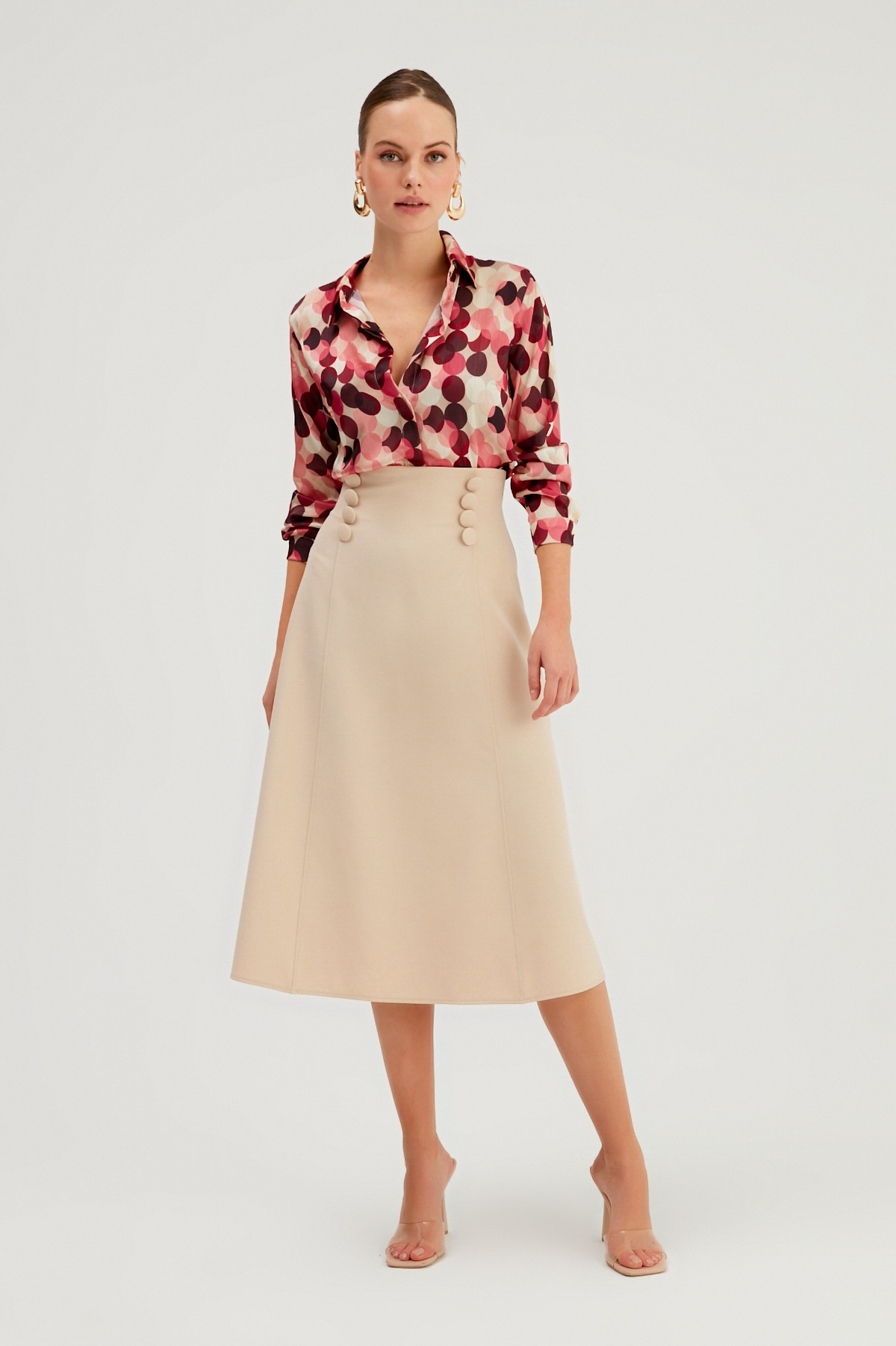 Düğme Detaylı Kloş Etek - BEJ