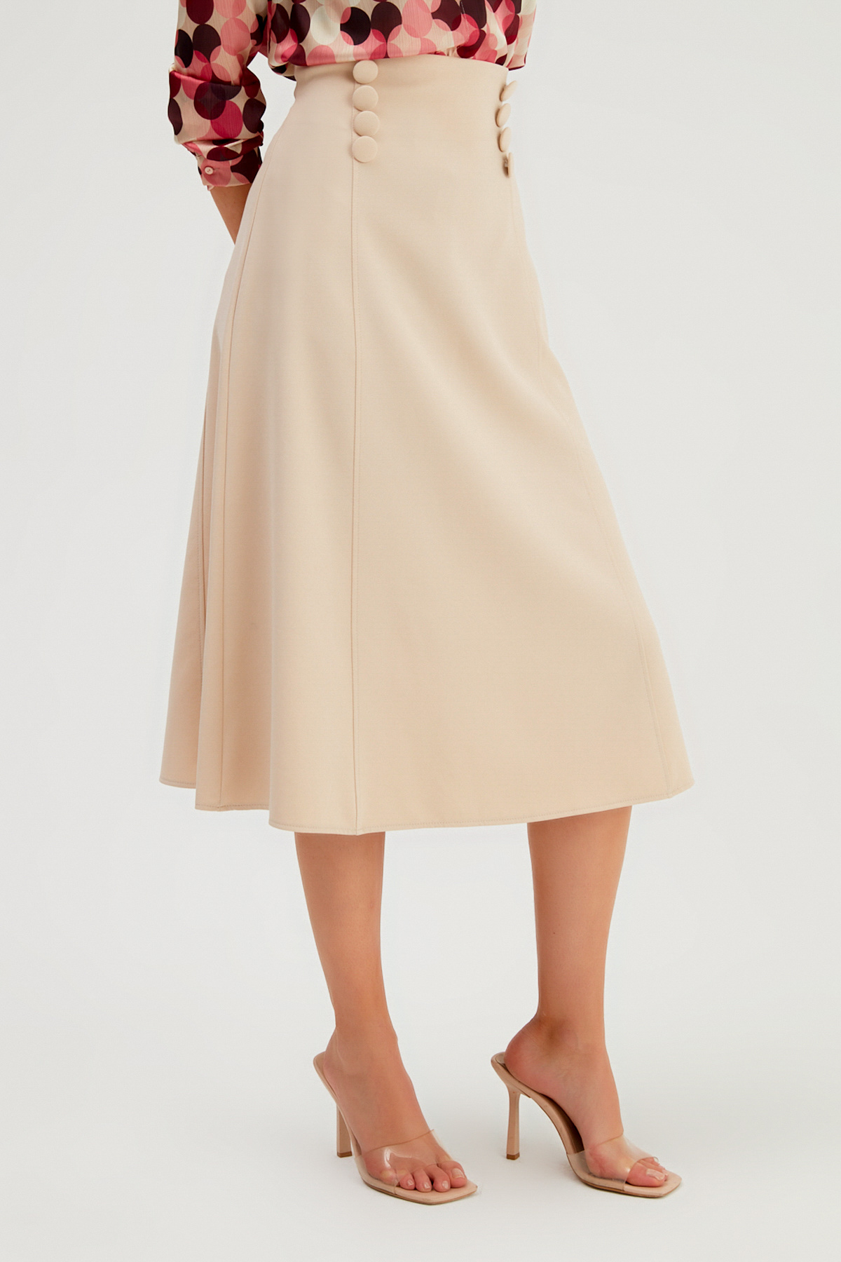 Düğme Detaylı Kloş Etek - BEJ