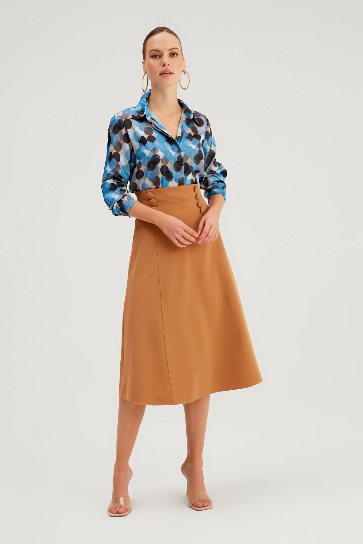 Düğme Detaylı Kloş Etek - CAMEL