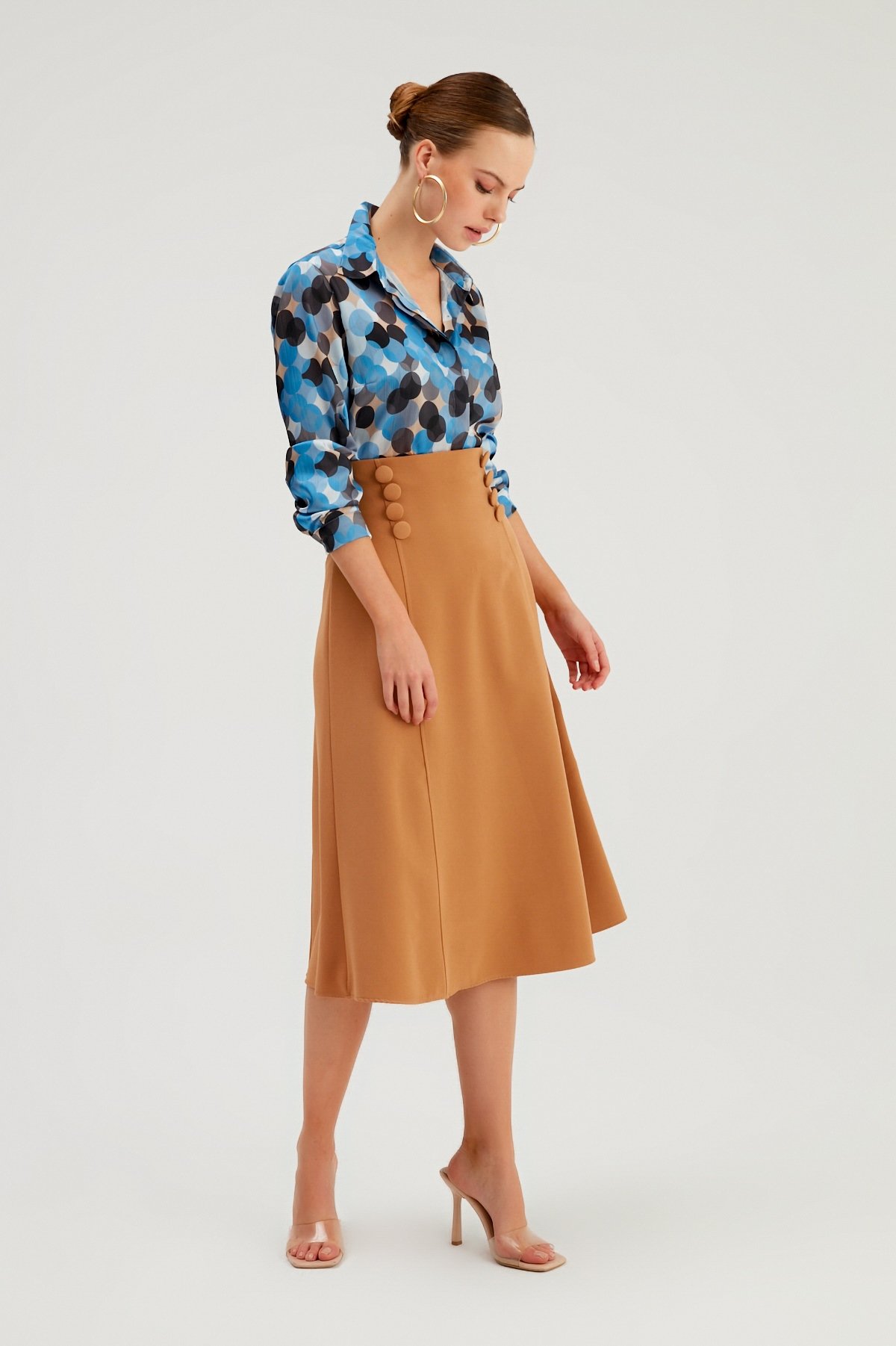Düğme Detaylı Kloş Etek - CAMEL
