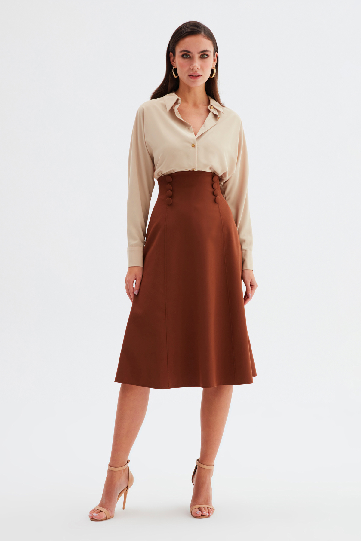 Düğme Detaylı Kloş Etek - KAHVE