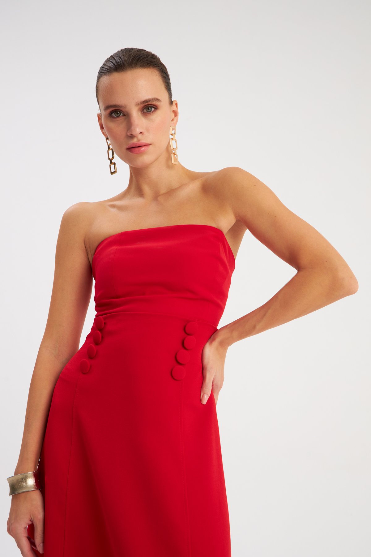 Düğme Detaylı Kloş Etek - KIRMIZI