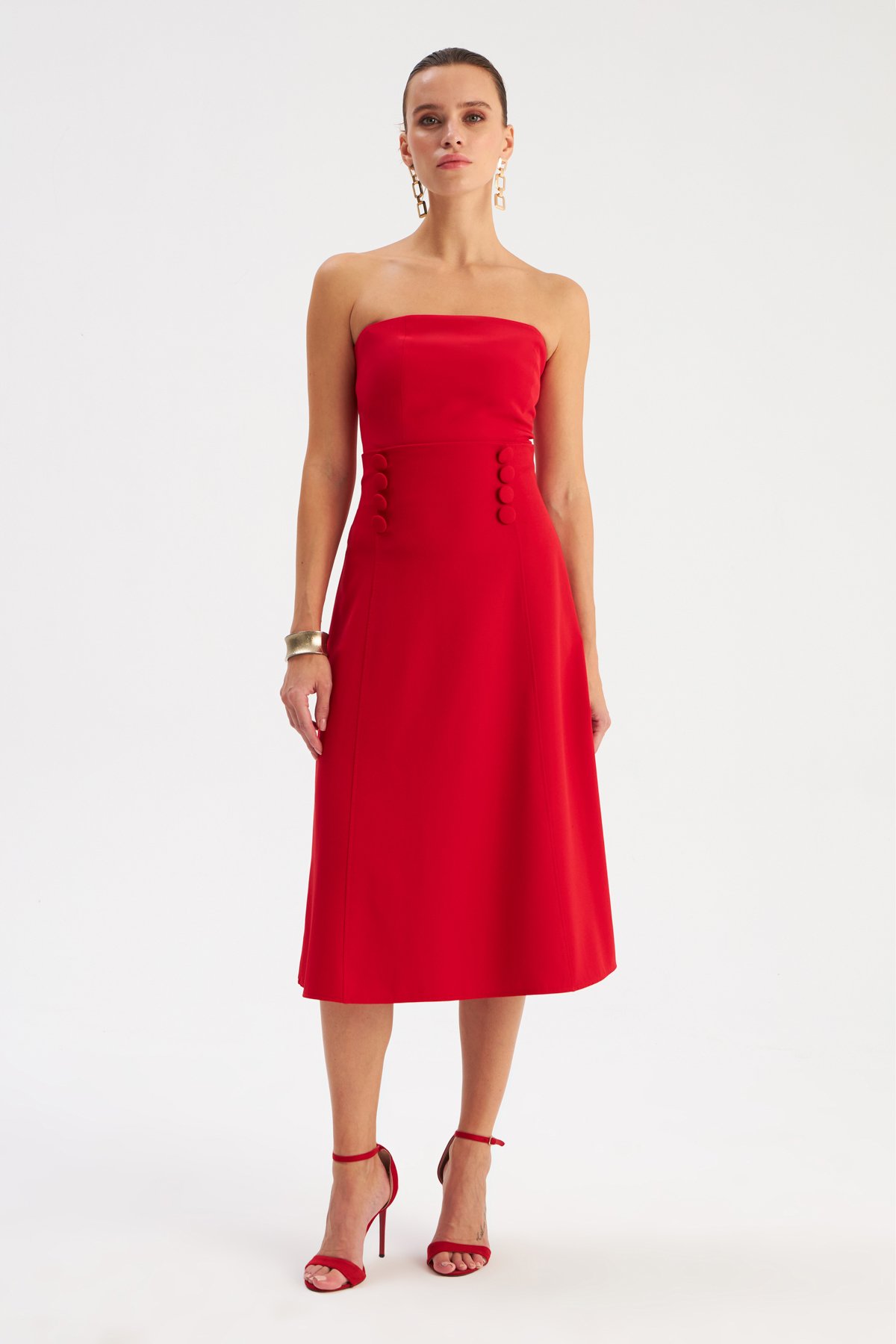 Düğme Detaylı Kloş Etek - KIRMIZI