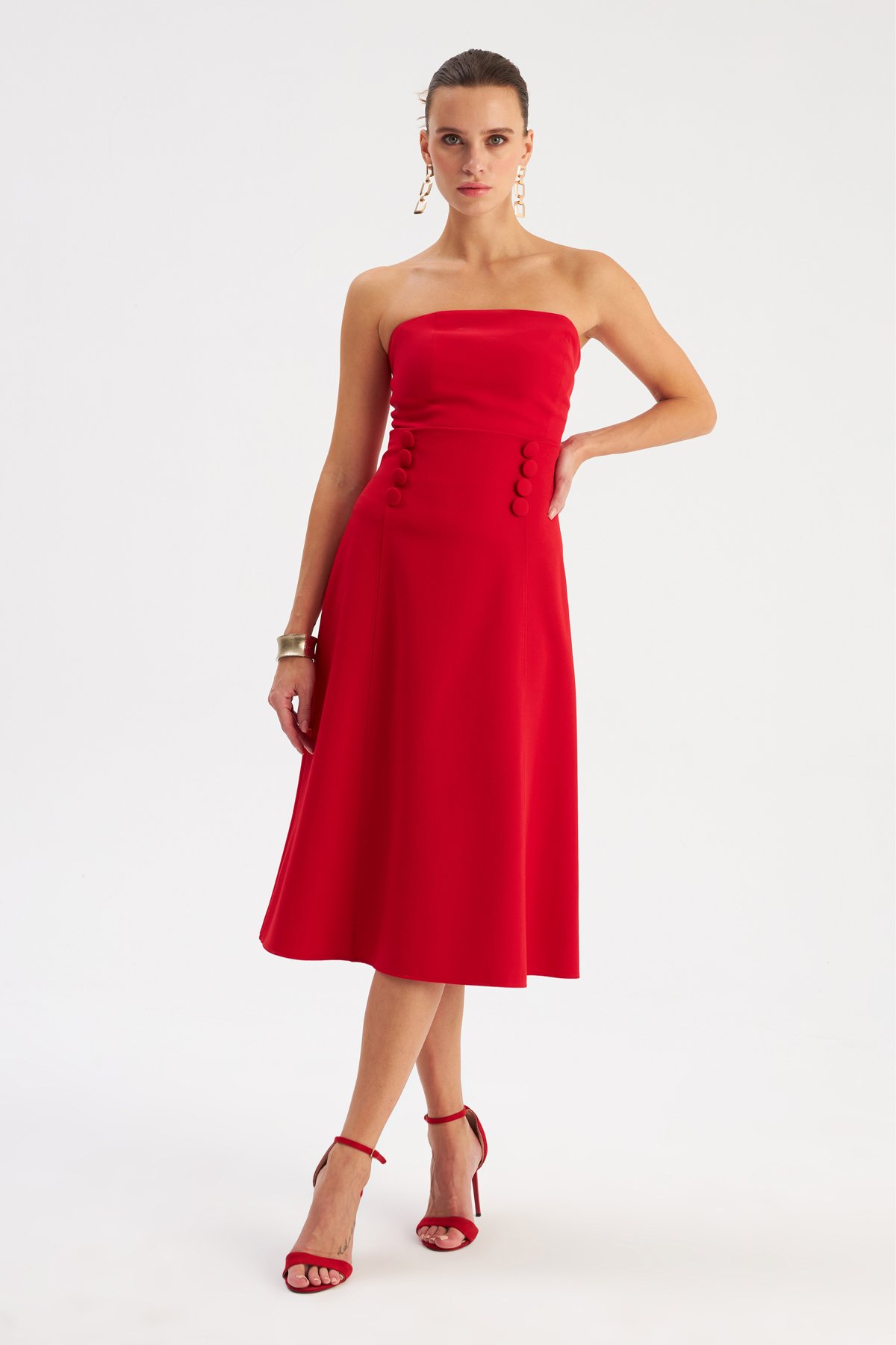 Düğme Detaylı Kloş Etek - KIRMIZI