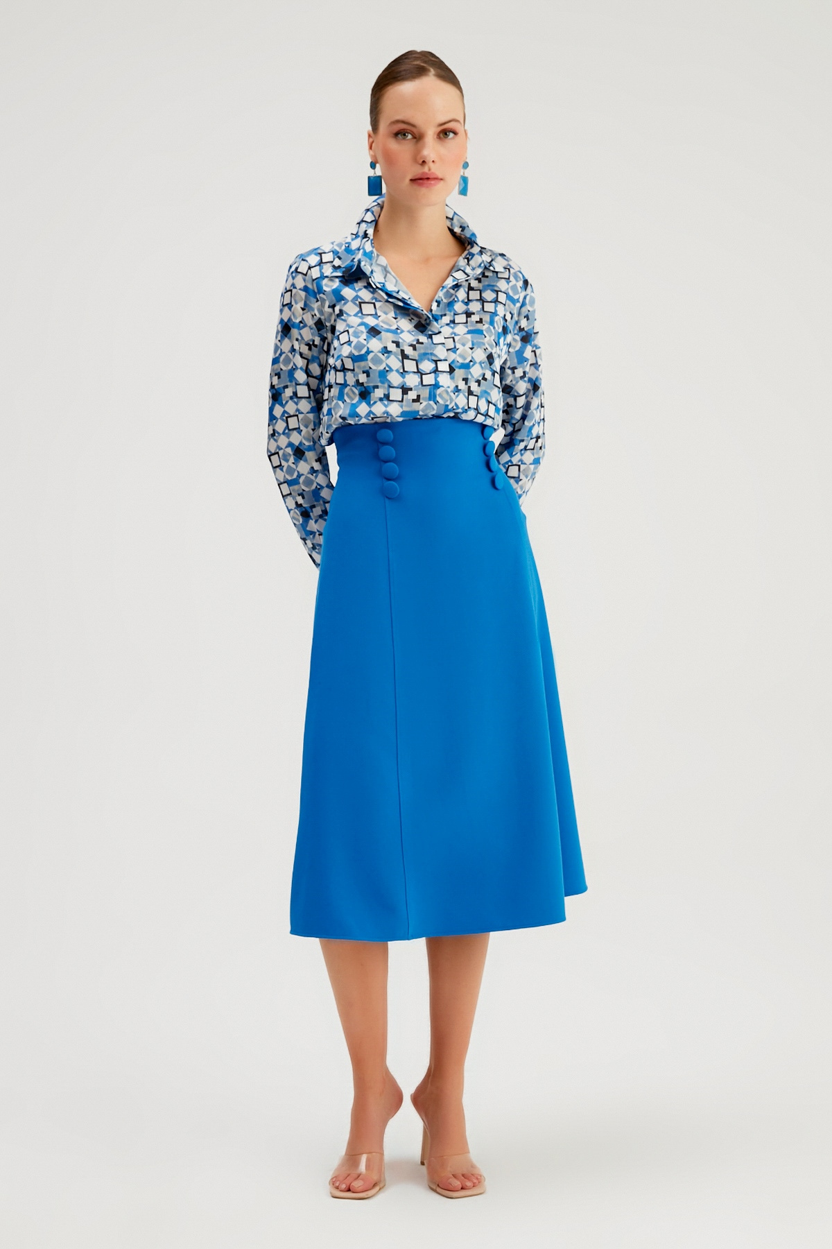 Düğme Detaylı Kloş Etek - SAX MAVİ