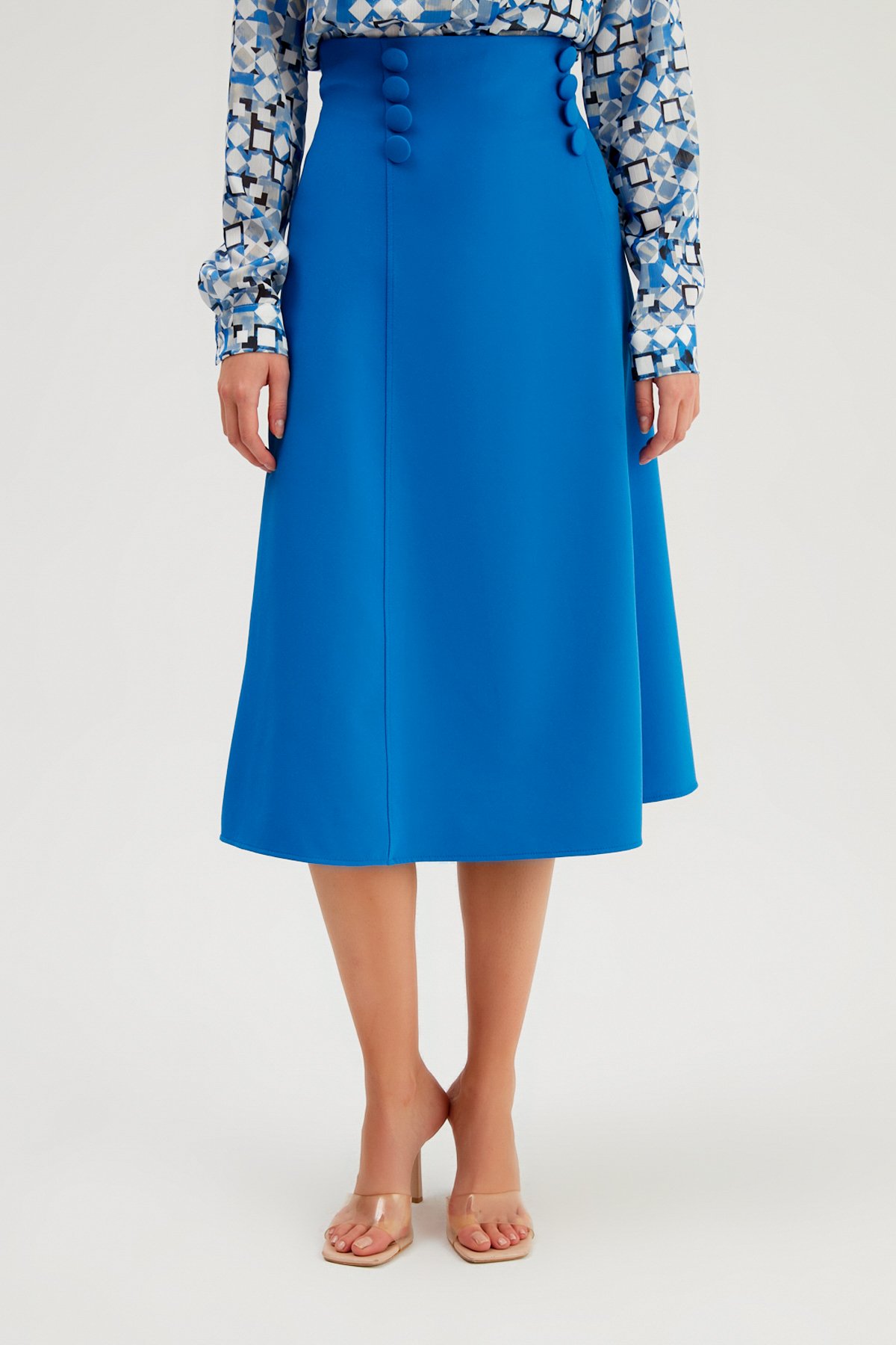 Düğme Detaylı Kloş Etek - SAX MAVİ