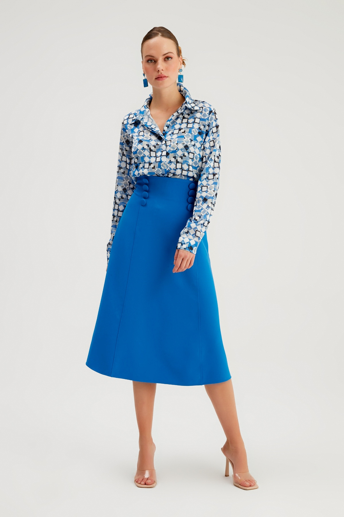 Düğme Detaylı Kloş Etek - SAX MAVİ