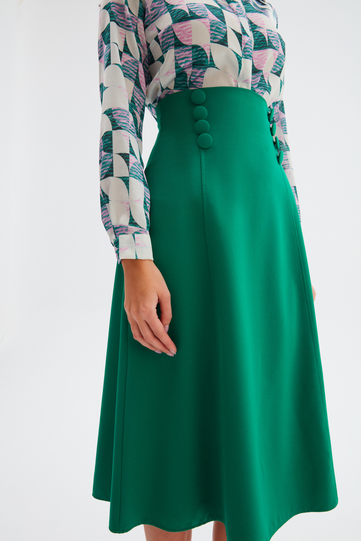 Düğme Detaylı Kloş Etek - ZÜMRÜT