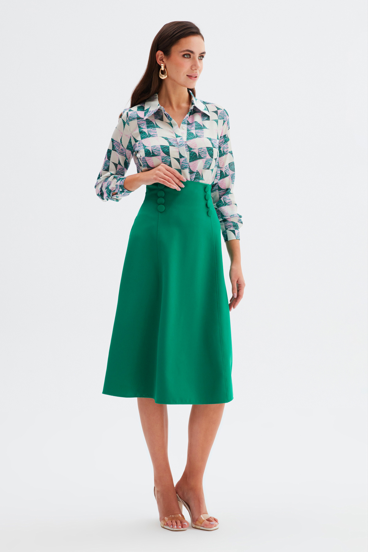 Düğme Detaylı Kloş Etek - ZÜMRÜT