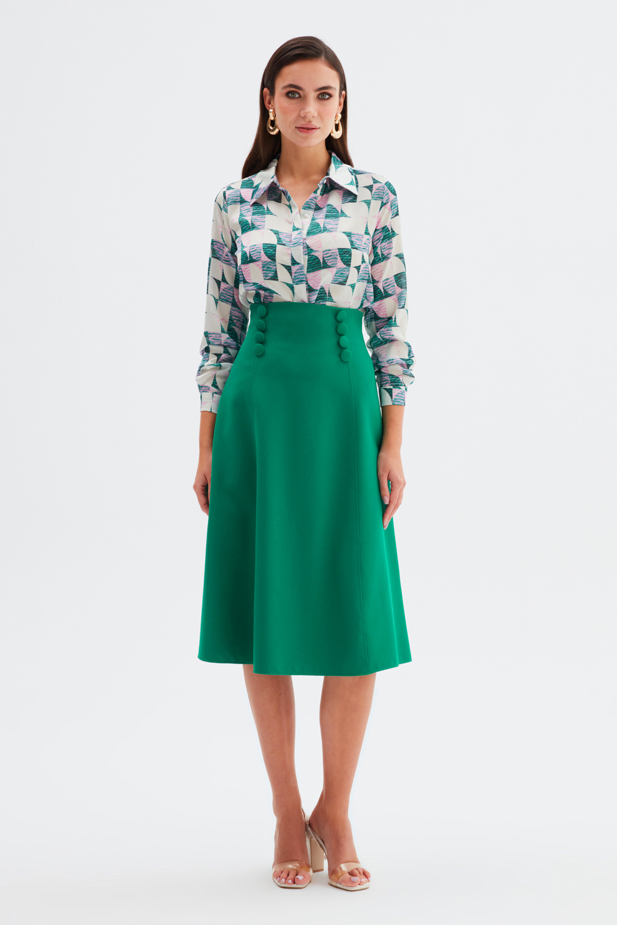 Düğme Detaylı Kloş Etek - ZÜMRÜT