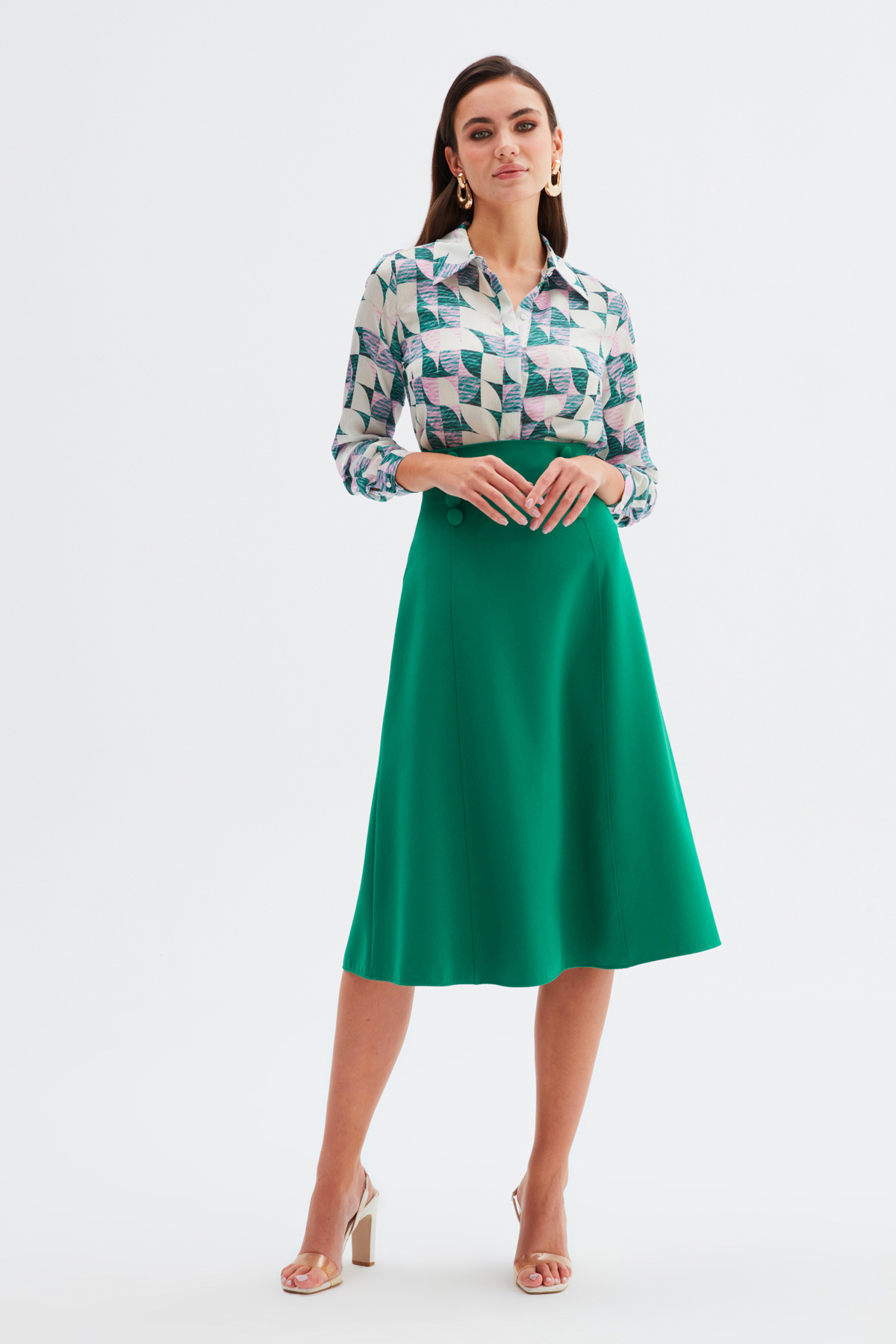 Düğme Detaylı Kloş Etek - ZÜMRÜT