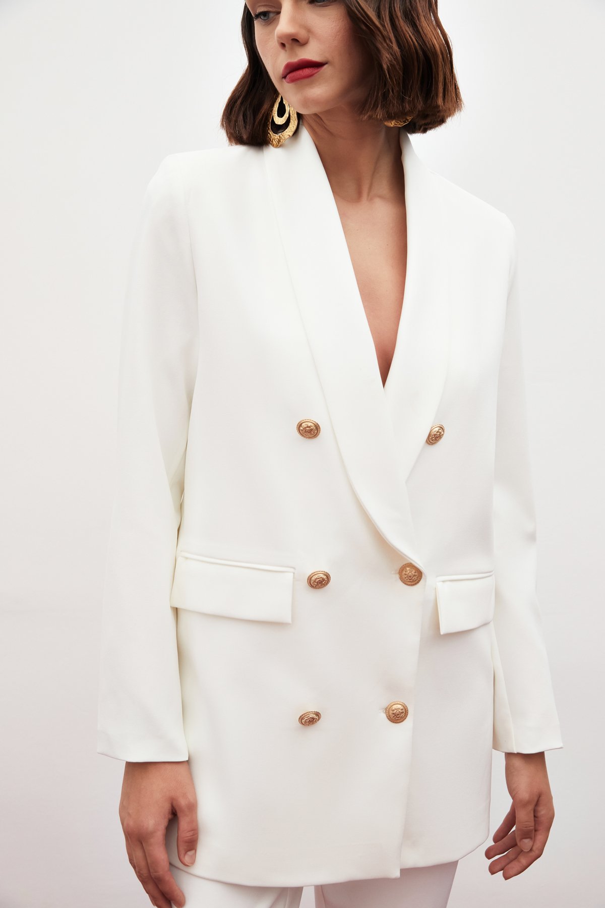 Düğme Detaylı Kruvaze Ceket - EKRU