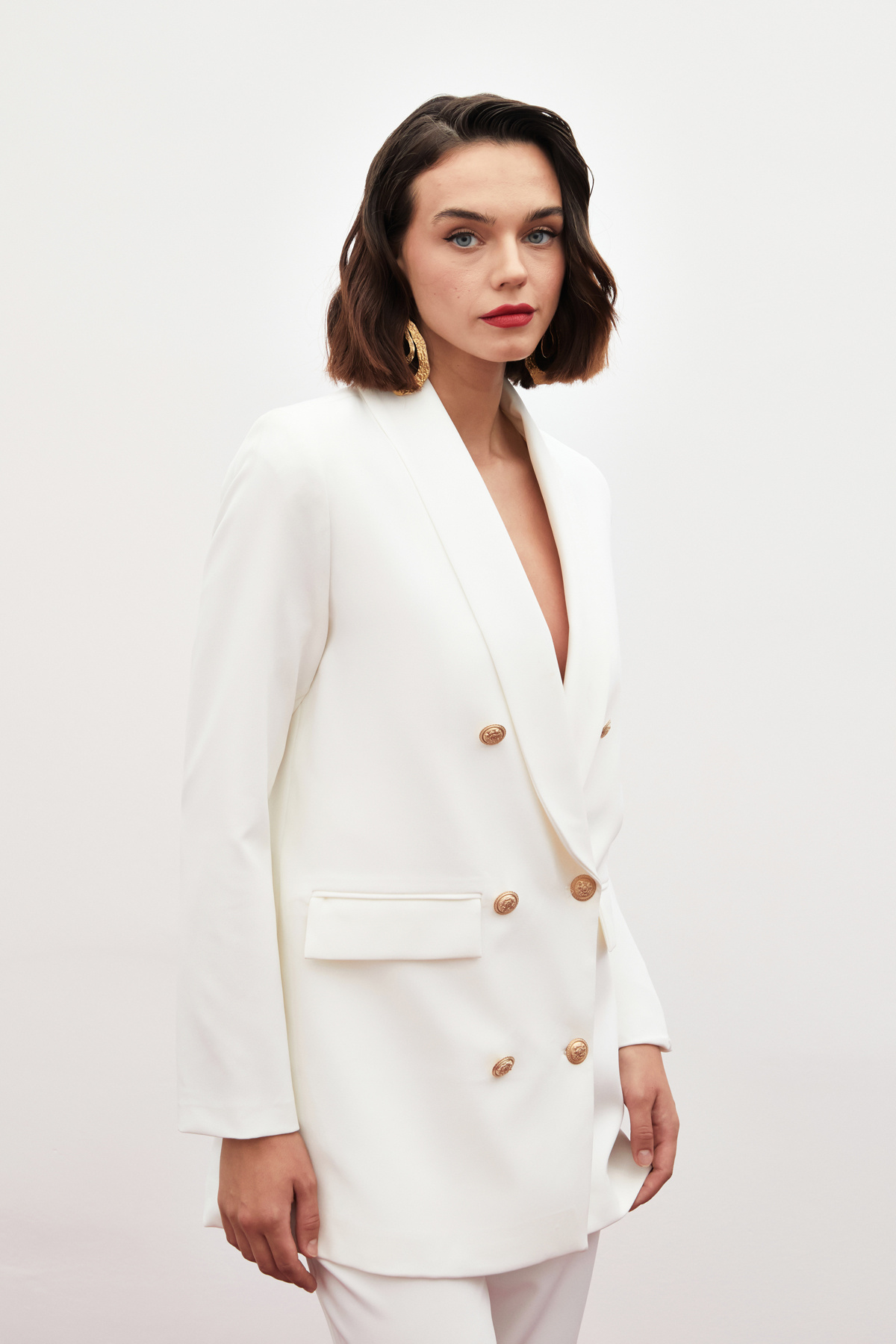 Düğme Detaylı Kruvaze Ceket - EKRU