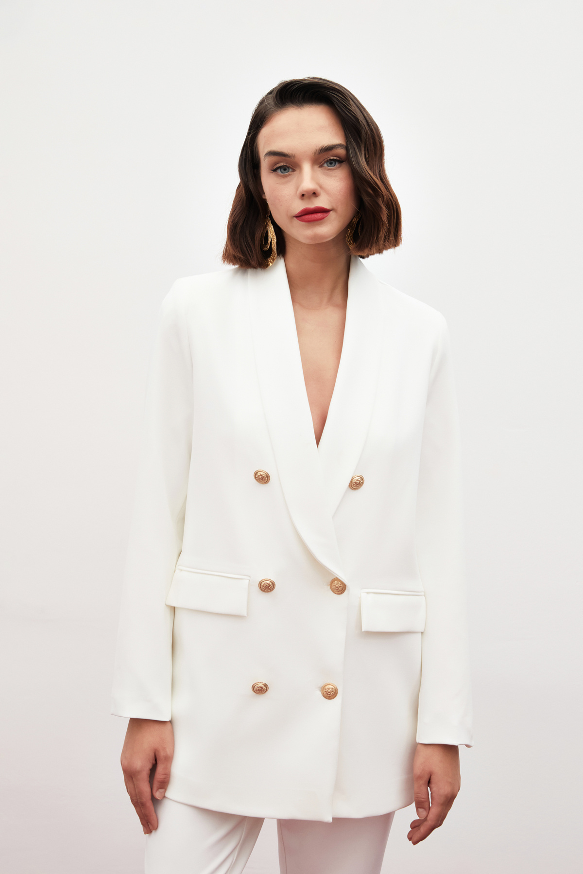 Düğme Detaylı Kruvaze Ceket - EKRU