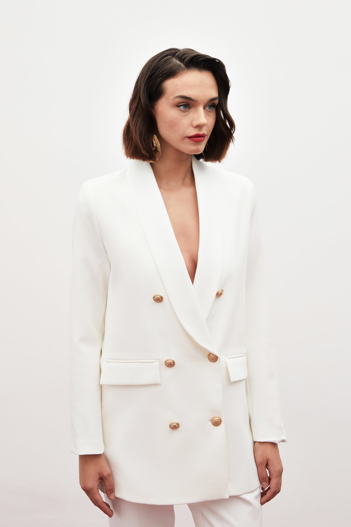 Düğme Detaylı Kruvaze Ceket - EKRU