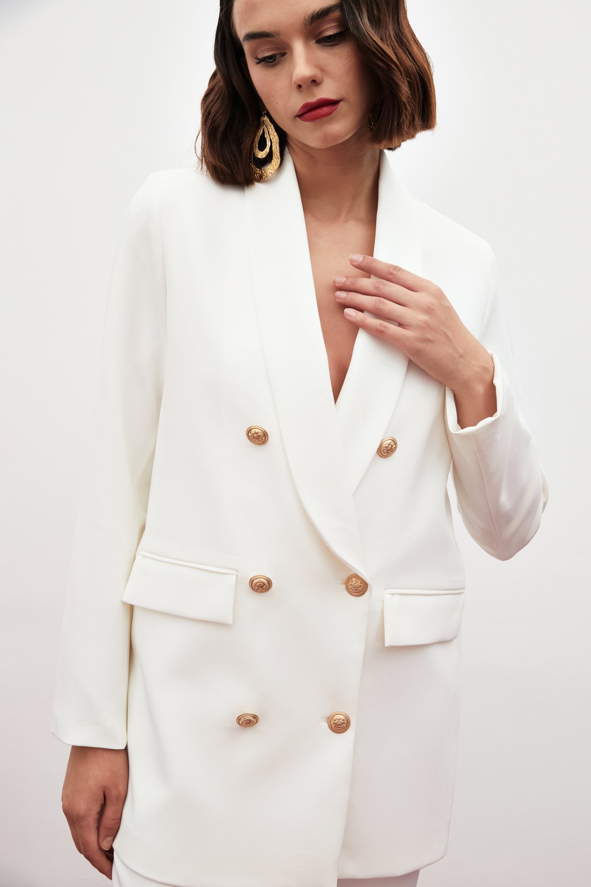 Düğme Detaylı Kruvaze Ceket - EKRU