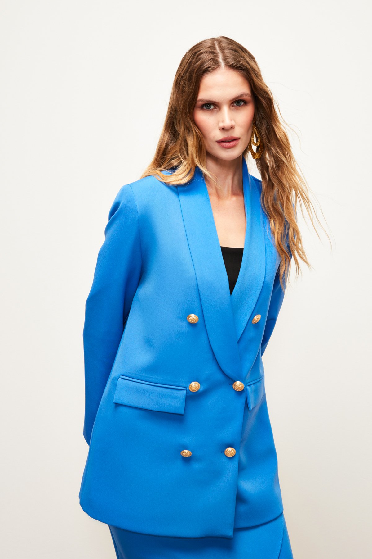 Düğme Detaylı Kruvaze Ceket - İNDİGO