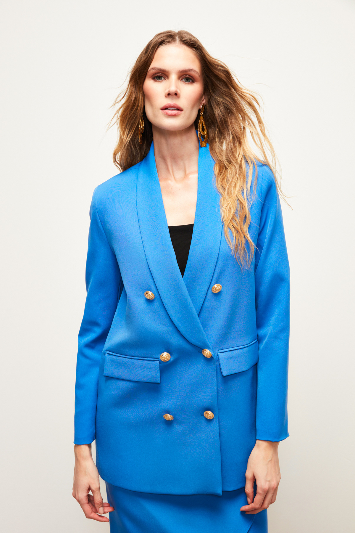 Düğme Detaylı Kruvaze Ceket - İNDİGO