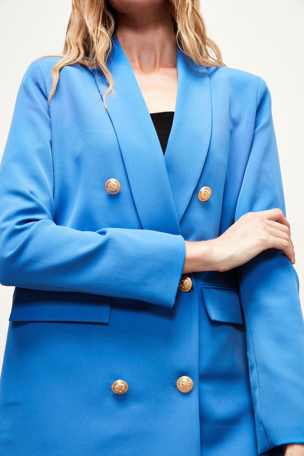 Düğme Detaylı Kruvaze Ceket - İNDİGO