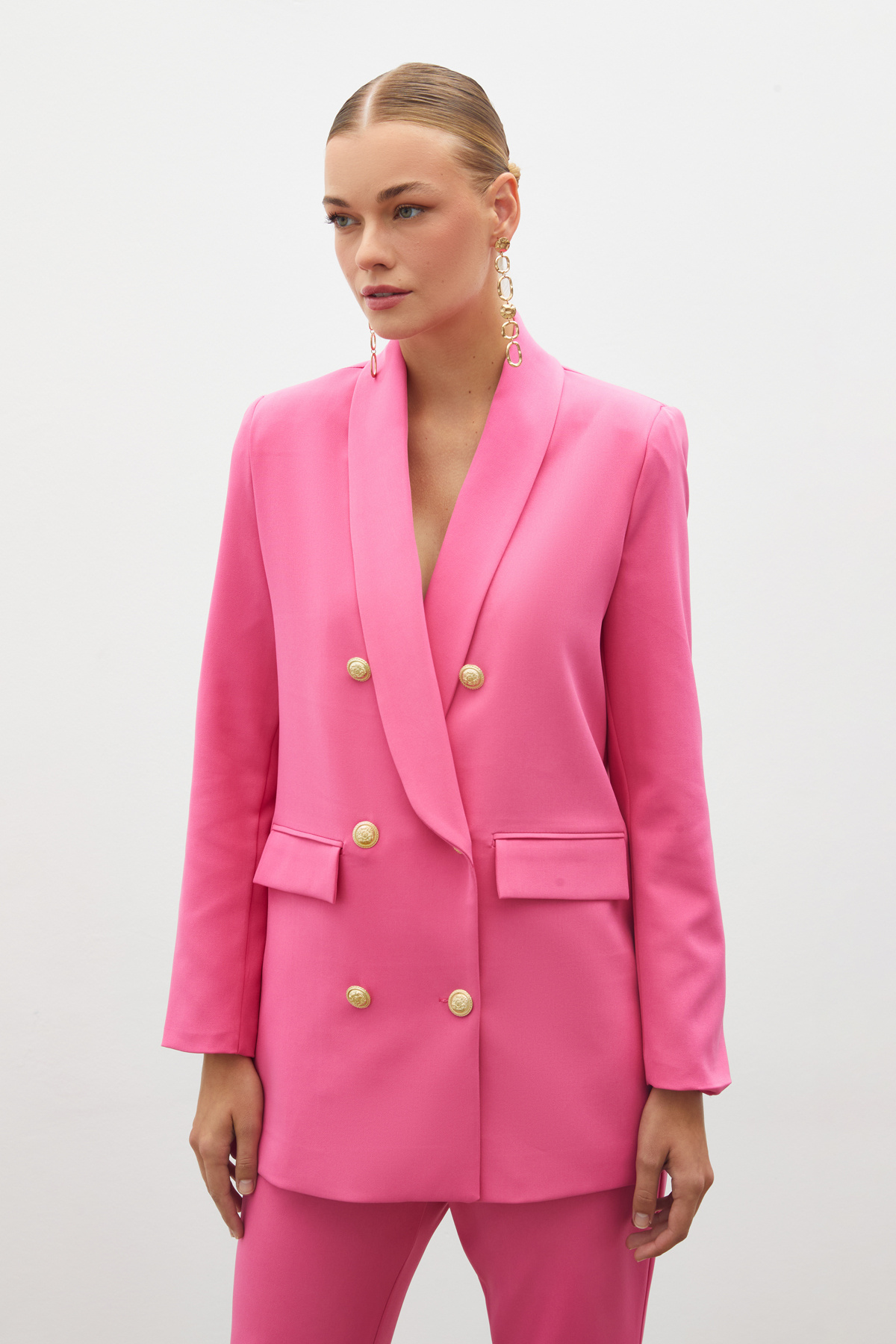 Düğme Detaylı Kruvaze Ceket - PEMBE