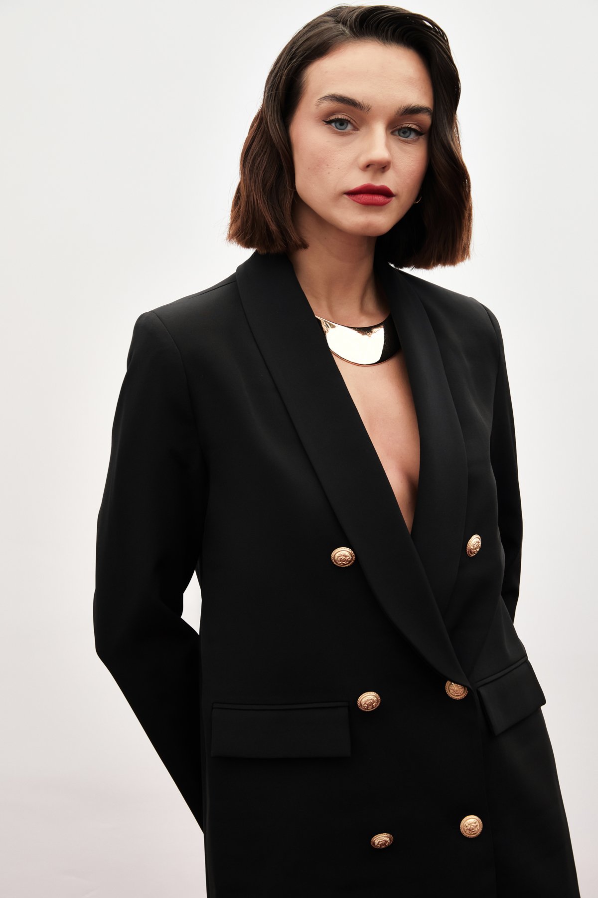 Düğme Detaylı Kruvaze Ceket - SİYAH