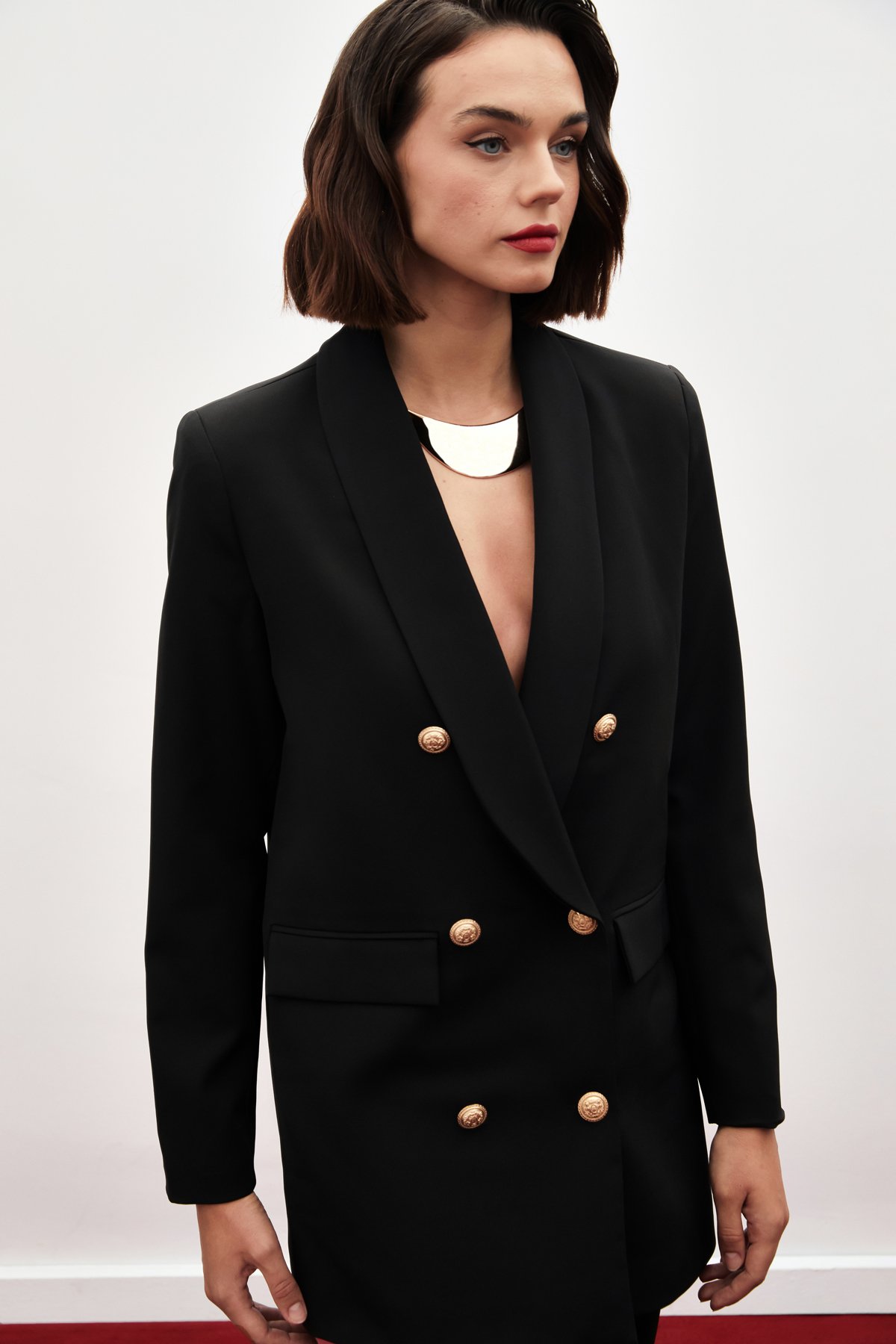 Düğme Detaylı Kruvaze Ceket - SİYAH