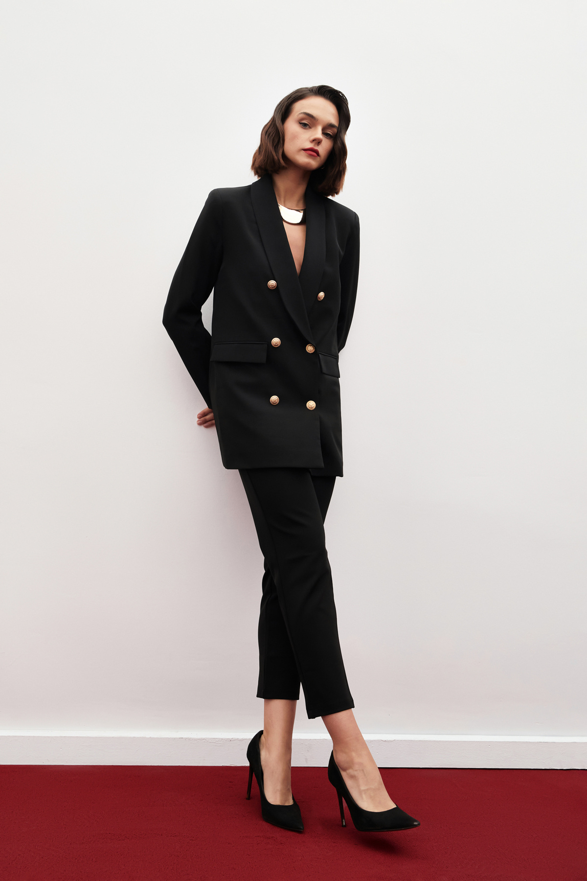 Düğme Detaylı Kruvaze Ceket - SİYAH